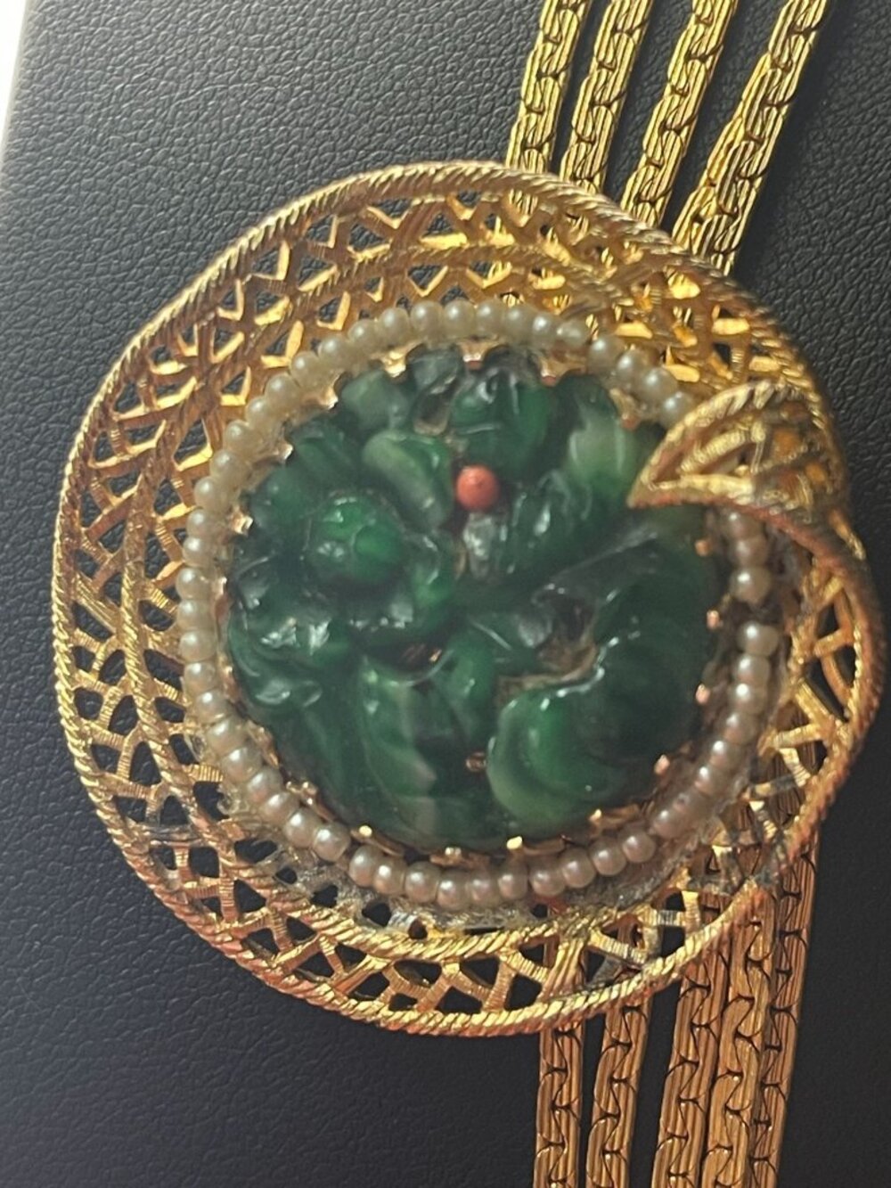 Vtg Mid Century Modern Faux Jade Pendant Necklace W/ Multi-Chain Gold-Tone Desig